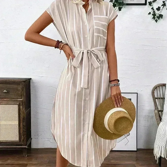 Apricot Casual Women's French-Style Striped Color-Block Shirt Dress - Picture 7 of 8